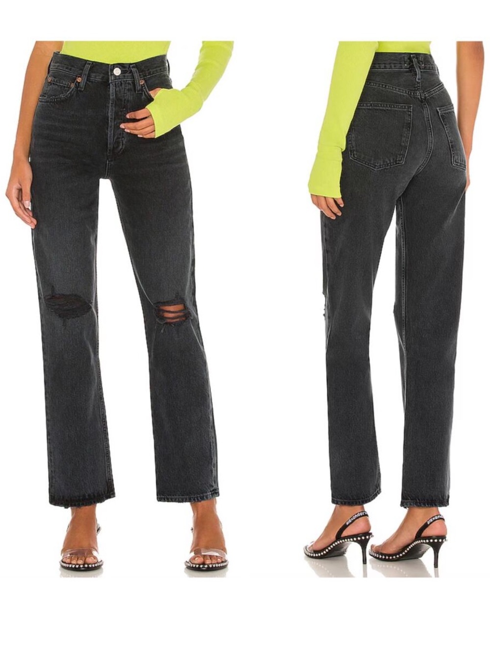 Agolde Distressed Washed Black Button Fly 90s  Pinch Waist High Rise Jeans Sz 27